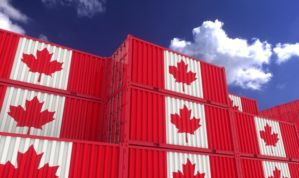 Shipping containers painted with the Canadian national flag